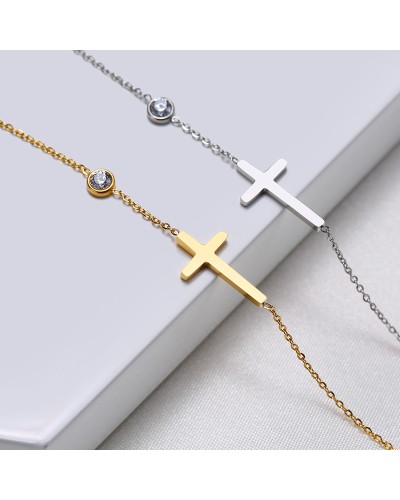 Silver cross and zircon necklace and bracelet set