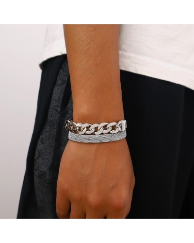Leather cuff small and large silver chains