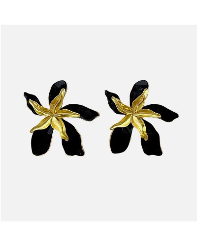Black and white enamel gold flower earrings